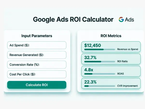 Google Ads ROI Calculator Dashboard showing financial ROI and AI marketing projections for dentists and e-commerce