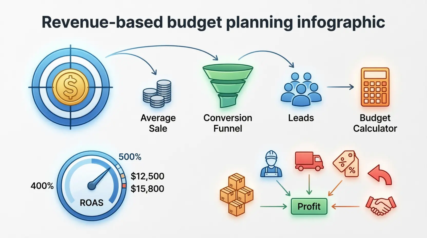 Budget planning worksheet with CPC, conversion rate and lead value inputs